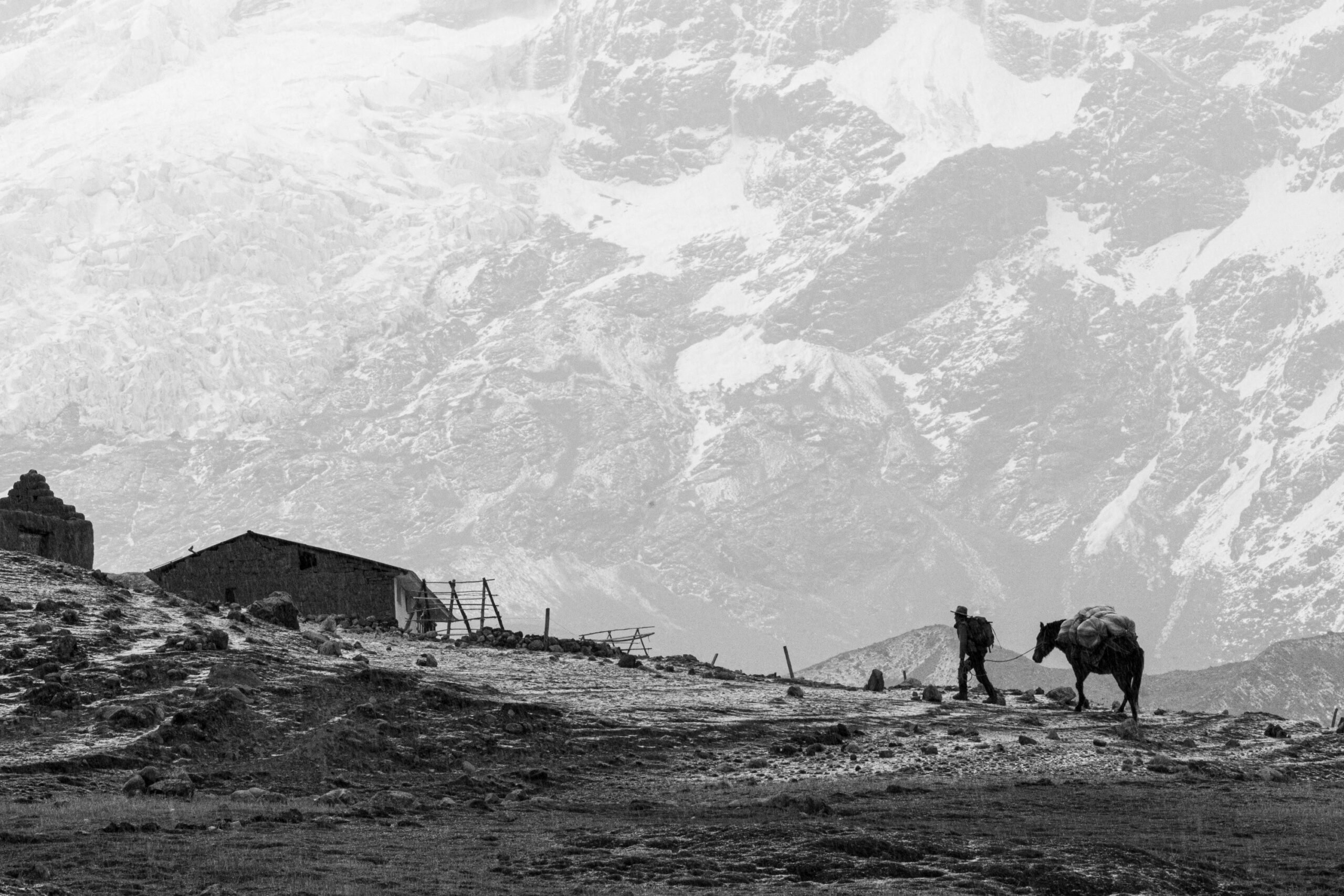 Quechua et son cheval dans les montagnes du Pérou Lyon